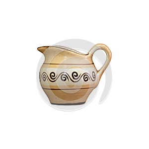 Ethno painted traditional clay creamer beige color with a dark snail-like pattern is isolated on white background