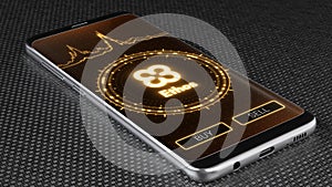 Ethos cryptocurrency symbol on mobile app screen. 3D illustration