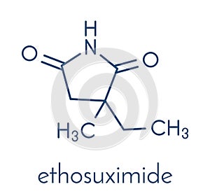 Ethosuximide anticonvulsant drug molecule. Used in treatment of absence seizures. Skeletal formula.