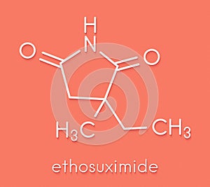 Ethosuximide anticonvulsant drug molecule. Used in treatment of absence seizures. Skeletal formula. photo