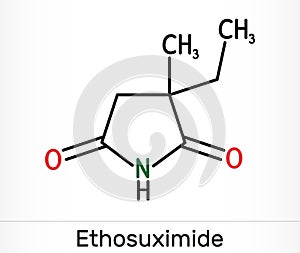 Ethosuximide, C7H11NO2 molecule. It is succinimide based anticonvulsant, useful in the treatment of absence seizures. Skeletal photo