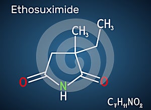 Ethosuximide, C7H11NO2 molecule. It is succinimide based anticonvulsant, useful in the treatment of absence seizures. Structural photo