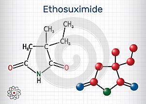 Ethosuximide, C7H11NO2 molecule. It is succinimide based anticonvulsant, useful in the treatment of absence seizures. Sheet of