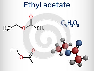 Ethyl acetate, ethyl ethanoate, C4H8O2 molecule. It is acetate ester formed between acetic acid and ethanol. Structural chemical