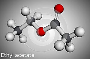 Ethyl acetate, ethyl ethanoate molecule. It is acetate ester, polar aprotic solvent, additional additive E1504. Molecular model. photo