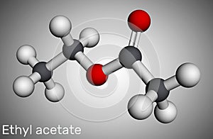 Ethyl acetate, ethyl ethanoate molecule. It is acetate ester, polar aprotic solvent, additional additive E1504. Molecular model.