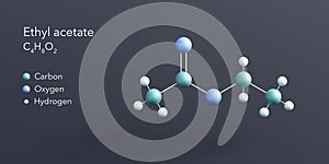 ethyl acetate molecule 3d rendering, flat molecular structure with chemical formula and atoms color coding