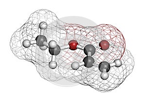 Ethyl acrylate molecule. 3D rendering. Atoms are represented as spheres with conventional color coding: hydrogen (white), carbon (