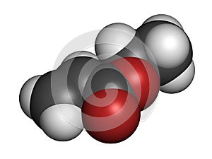 Ethyl acrylate molecule. 3D rendering. Atoms are represented as spheres with conventional color coding: hydrogen (white), carbon (