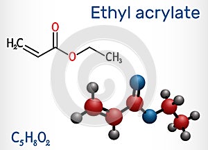 Ethyl acrylate molecule. Structural chemical formula and molecule model