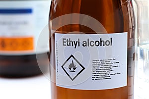 Ethyl alcohol in glass,Hazardous chemicals and symbols on containers in industry photo