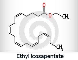 Ethyl eicosapentaenoic acid icosapent ethyl molecule. Skeletal chemical formula