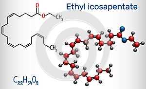 Ethyl eicosapentaenoic acid icosapent ethyl molecule. Structural chemical formula and molecule model