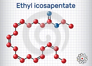 Ethyl eicosapentaenoic acid icosapent ethyl molecule. Structural chemical formula and molecule model