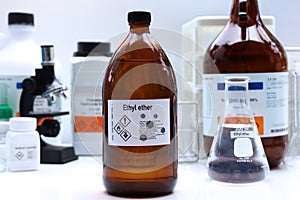 Ethyl ether in glass, chemical in the laboratory and industry