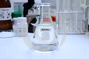 Ethyl ether in glass, chemical in the laboratory and industry