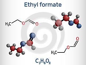 Ethyl formate, ethylformate, ethyl methanoate, formic ether molecule. It is formate ester derived from formic acid and ethanol. photo