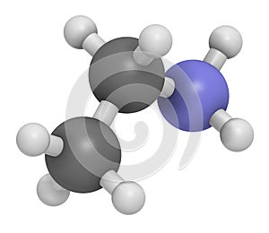 Ethylamine organic base molecule. 3D rendering. Atoms are represented as spheres with conventional color coding: hydrogen (white
