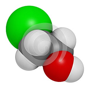 Ethylene chlorohydrin molecule. Side product formed during ethylene oxide sterilization. 3D rendering. Atoms are represented as