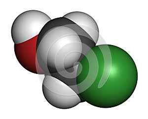Ethylene chlorohydrin molecule. Side product formed during ethylene oxide sterilization. 3D rendering. Atoms are represented as