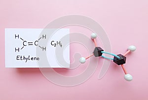 Ethylene (ethene) molecule, 3d model. Molecular structure model and structural chemical formula of ethylene molecule