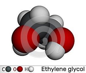 Ethylene glycol, diol molecule. Used for manufacture of polyester fibers and for antifreeze formulations. Molecular model. 3D