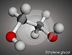 Ethylene glycol, diol molecule. Used for manufacture of polyester fibers and for antifreeze formulations. Molecular model. 3D photo