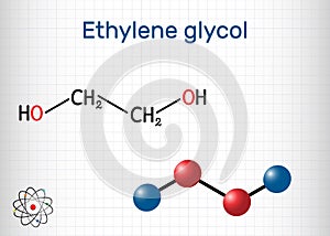 Ethylene glycol, diol molecule. It is used for manufacture of polyester fibers and for antifreeze formulations. Structural photo