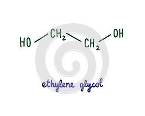 Ethylene glycol hand drawn vector formula chemical structure lettering blue green