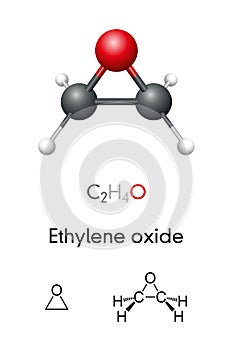 Ethylene oxide, C2H4O, oxirane, molecule model and chemical formula photo