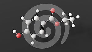 ethylparaben molecule, molecular structure, food additive e214, ball and stick 3d model, structural chemical formula with colored