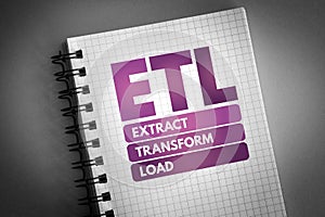 ETL - Extract Transform Load acronym on notepad, technology concept background