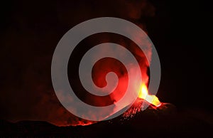 Etna in eruzione durante la notte con sfondo scuro del cielo notturno Panoramica del vulcano di Sicilia: