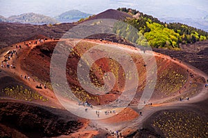 Etna national park panoramic view of volcanic landscape with crater, Catania, Sicily