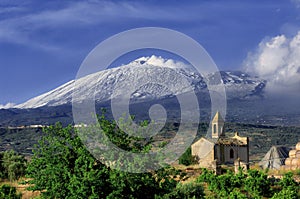 Etna Volcano Above Rural Chapel, Sicily