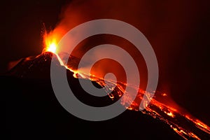 Etna volcano erupting with explosion and lava flow