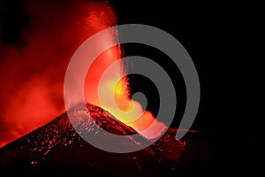 Etna volcano in Sicily during a suggestive explosion of incandescent lava in the dark night during an intense eruption