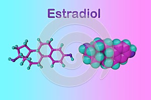 Etradiol molecule on colorful background. It is the major female sex hormone that responsible for the development of