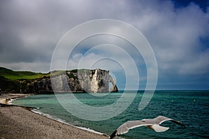 Etretat is best known for its white chalk cliffs, including natural arches. Normandy, France, Europe