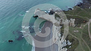Etretat Cliffs Birds Eye Overhead View with Sea Gulls above shoreline and Ruff Ocean Waves