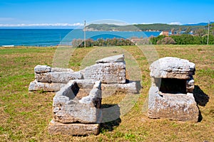 The Etruscan city of Populonia known for necropoleis, old ruins, castle and sea