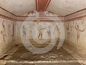 Etruscan grave interior in Tarquinia, Italy
