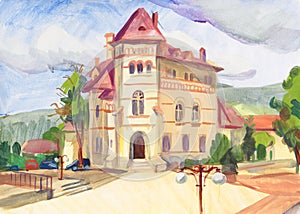 Etude painted with gouache. Romania, Piatra Neamt. Town square. Cucuteni Museum