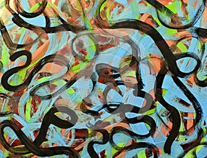 Etude in the style of abstract expressionism. Twisting blue, black, and green lines. Abstract background with intricate interweavi