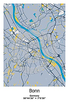 Bonn, Germany scalable vector map in blue, yellow, gtay, black colors