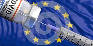 EU Coronavirus vaccine, Sputnik V. Covid-19 vaccination, European Union flag background. 3d illustration