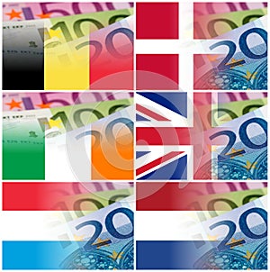 Eu countries flags with euro banknotes