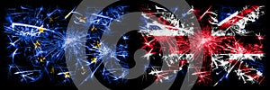 Eu, European union vs United Kingdom, British, Britain new year celebration sparkling fireworks flags concept background.