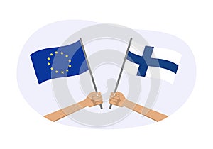 EU and Finland flags. Finnish and European Union symbols. Hand holding waving flag. Vector illustration