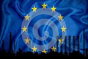 Eu flag, background with space for your logo - industrial 3D illustration.Silhouette of a chemical plant, oil refining, gas,